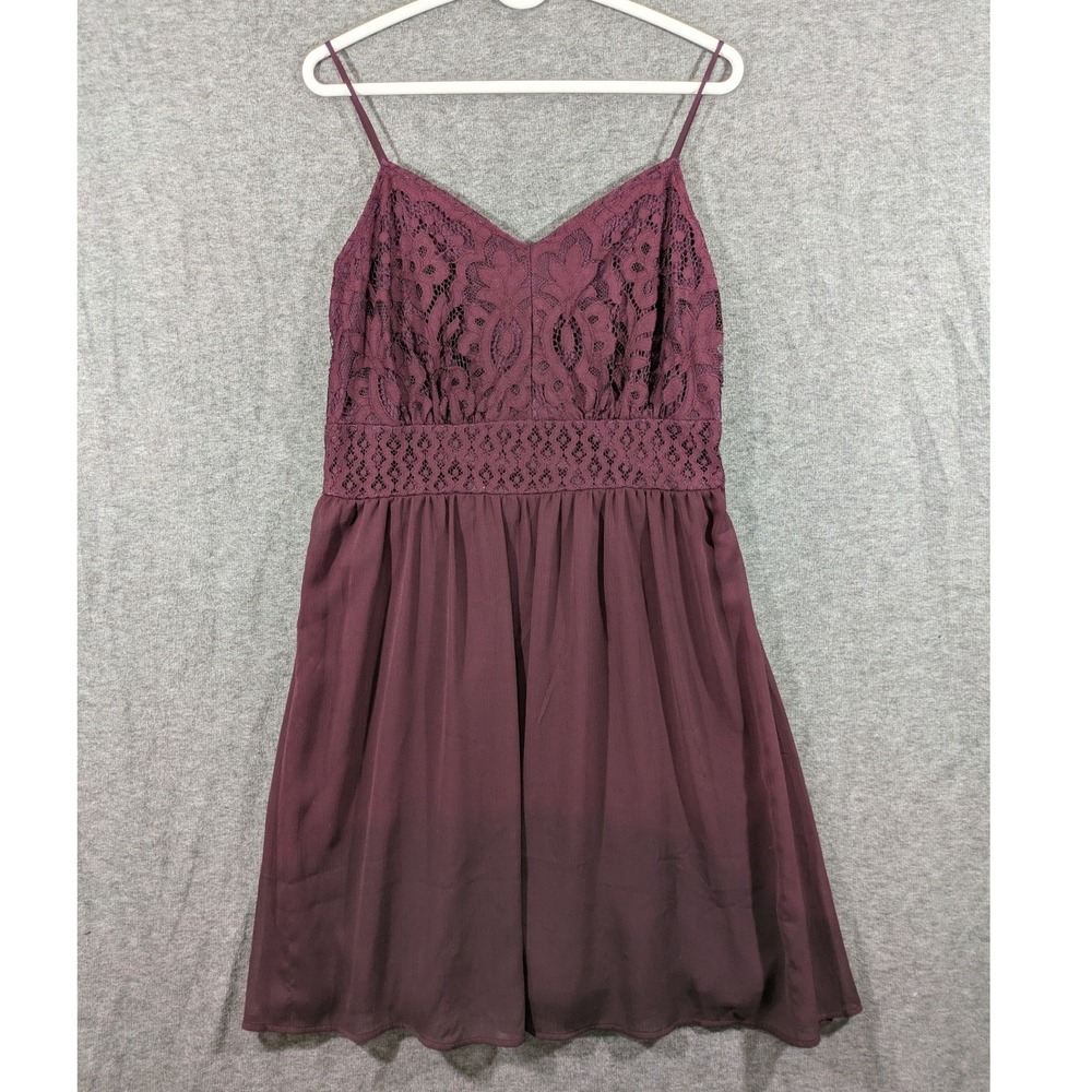 Maurices Womens Lace Bodice Smocked‎ Back Chiffon Mini Dress Plum Purple Large